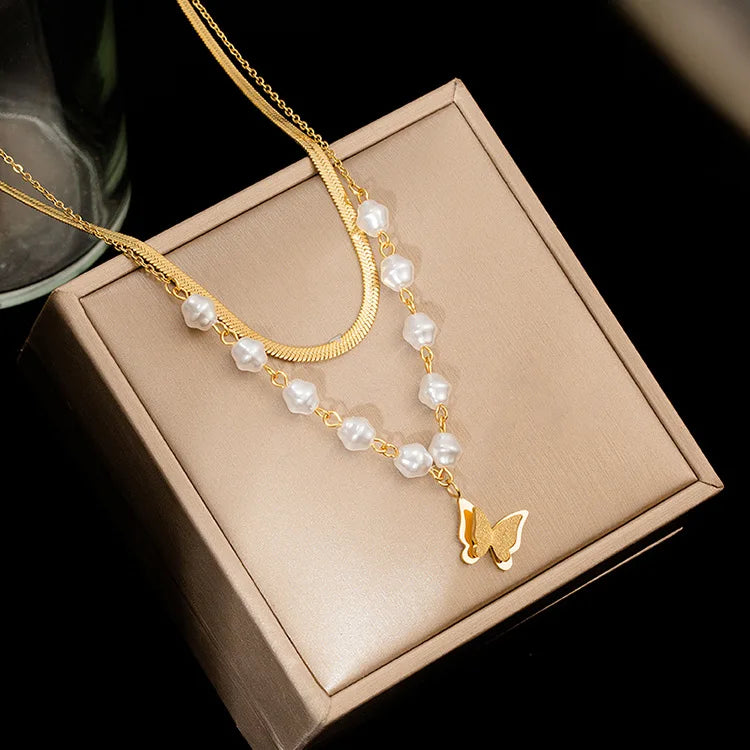 Hot Sales 18K Gold Plated Stainless Steel Pearl  Necklace Earrings Bracelet Set Butterfly Letter M K  D Jewelry Set
