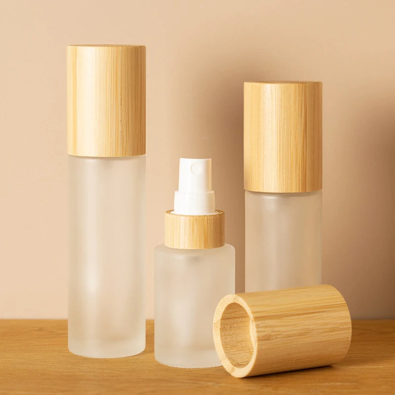 OEM 200ml Bamboo Glass Cosmetic Packaging Sets 15ml-80ml Pump Sprayer Dropper Eye Drop Skin Care Cream Face Cream Oil Reed