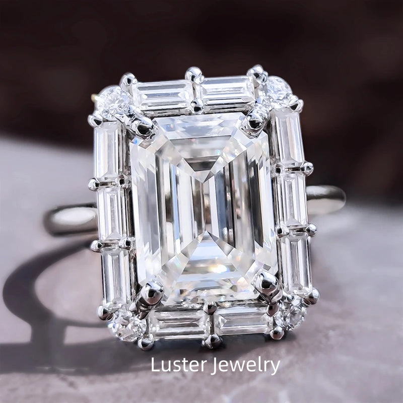 Custom Luxury Halo Women'S Engagement Ring Emerald Cut Moissanite Ring 14K Solid Gold Ring