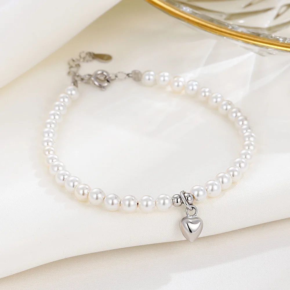 Hot Selling 925 Sterling Silver love Heart Pearl Bracelet Women Simple Heart Natural Pearl Bracelet