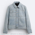 Custom Patch Pockets Collared Wash Faded Heavy Leather Jacket for Men