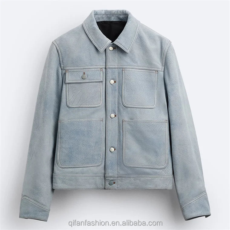 Custom Patch Pockets Collared Wash Faded Heavy Leather Jacket for Men