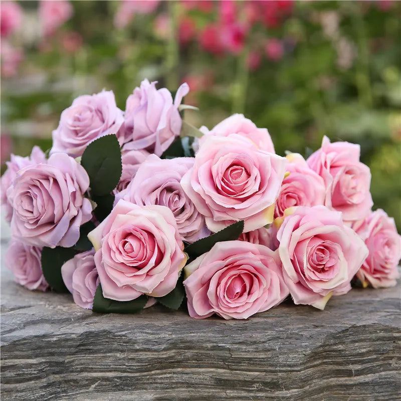 AF10519 Wedding Decoration Artificial Silk Rose Bouquets Flower 10 Heads Pink Rose Bouquet Floral Flowers