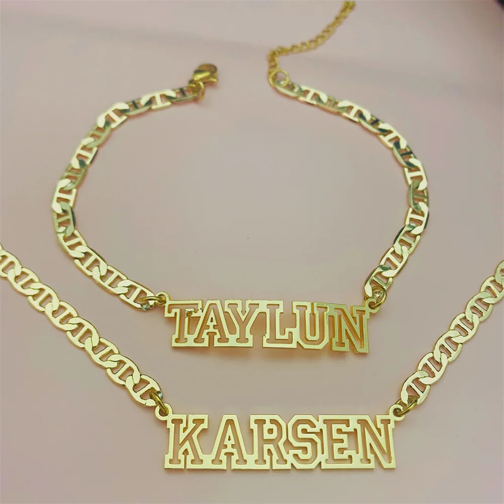 Lateefah OEM Stainless Steel Jewelry Set Personalized Nameplate Flat Chain Custom Name Necklace & Bracelet