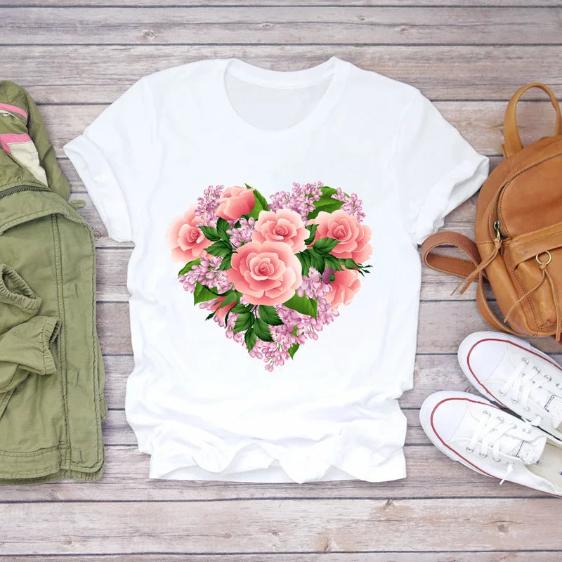 Best Selling Cakes Printed Casual T-shirts Women's Printed Sexy Tops With Heart Pattern Plus Size Short Sleeves Plain T-shirts