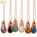 CSJA New Thread Rope Wrap Tear Water Drop Healing Natural Crystals Rose Quartz Necklaces Stone Pendant for Women Men G985