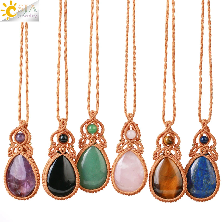 CSJA New Thread Rope Wrap Tear Water Drop Healing Natural Crystals Rose Quartz Necklaces Stone Pendant for Women Men G985