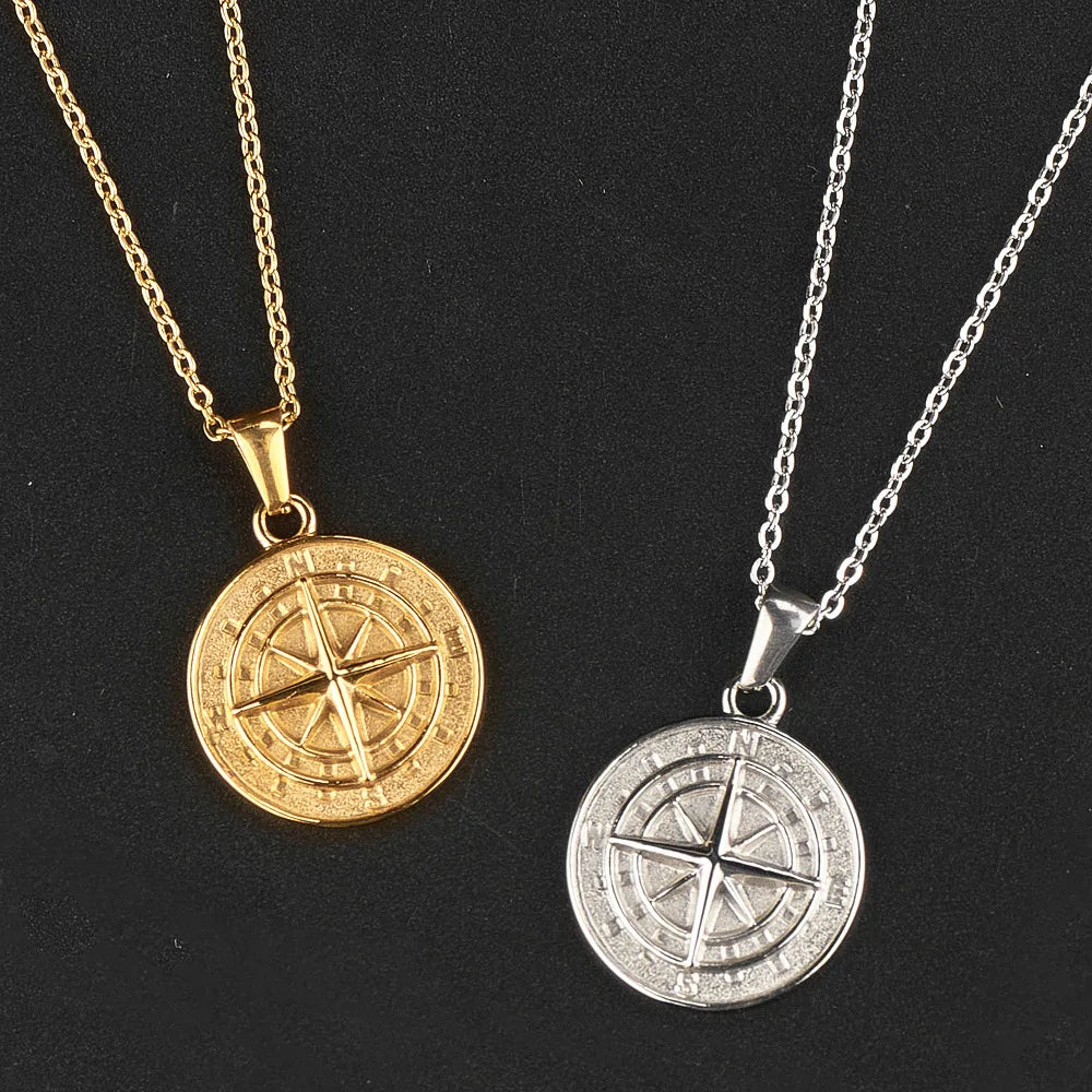 In Stock Stainless Steel Compass  Pendant Necklace Fashion Nordic Viking Sailing Jewelry Compass Necklace