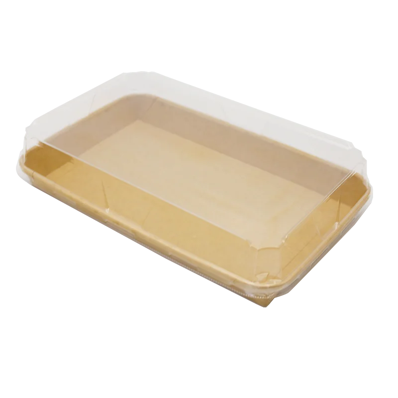Hot Sale Natural Sustainable Food Grade Kraft Sushi Take-Away Tray PE Coated Custom Logo Matt Lamination Embossed Lid Sealing