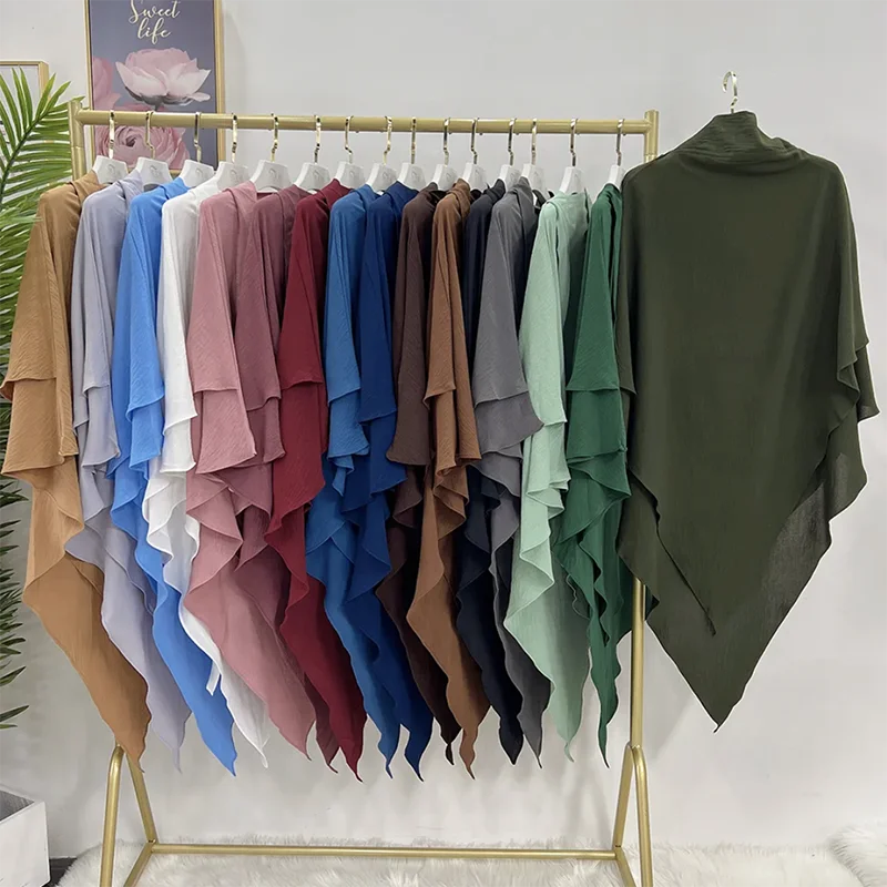 New Design Solid Color Crepe Jilbab Khimar 2 Layer Overhead Headscarf Long Khimar Ramadan Eid Islamic Prayer Khimar