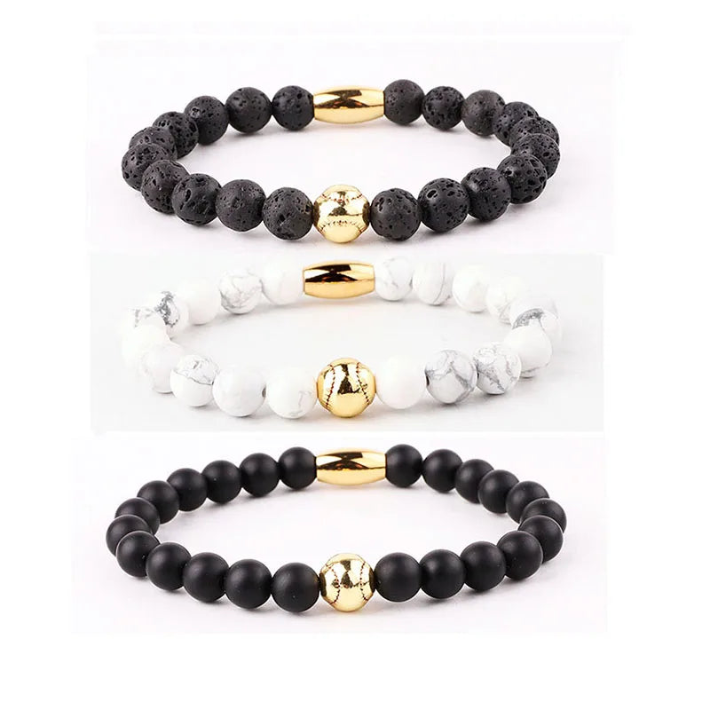New Design Gemstone Natural Lava Stone Beads 18K Gold American Football Custom Logo Stretch Bracelet Men