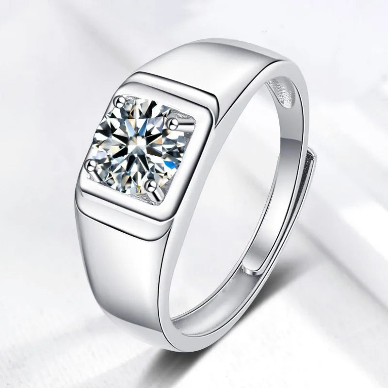 Men's S925 Sterling Silver Ring with 1 Karat Moissanite Diamond Trendy Fashion Jewelry with Cut Gemstone