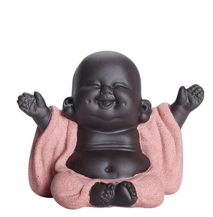 Handmade Tea Ornaments Small pink Green Smile Laughing Little Monk Ceramic Buddha Statue
