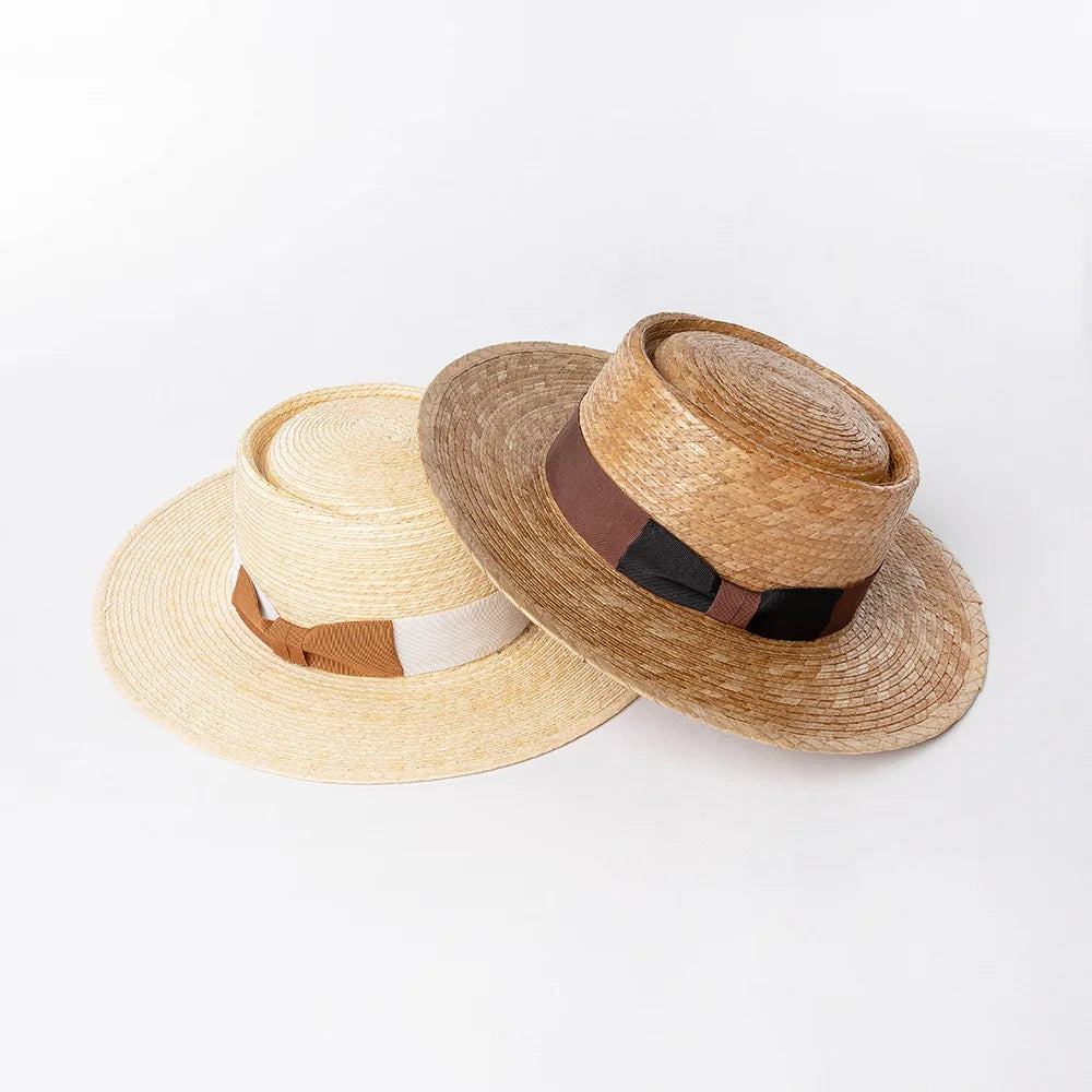 2025 New Trendy Spring Summer Outdoor Beach Two-Color Ribbon Luxury Hand-Woven Vintage Natural Grass Straw Boater Hat