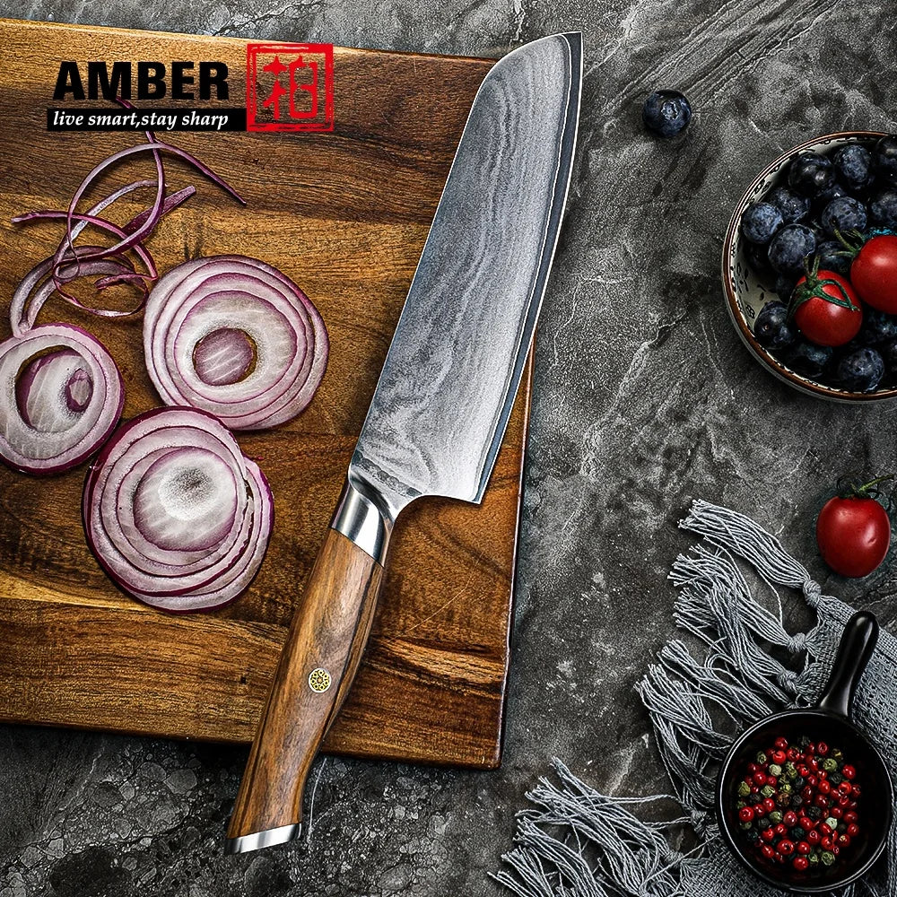 Amber Olive Wooden Handled 7 Inch High Carbon Steel Kitchen Knives Santoku Knife Japanese Vg10 Super Carbon Steel Chef Knife