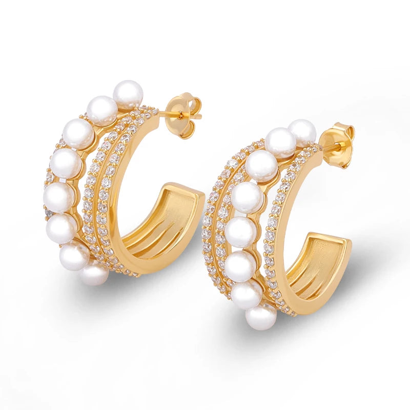 Joacii 925 Sterling Silver Plated Cz Zircon Three Layers Hoop Earrings With Pearl Row in Gold Tone