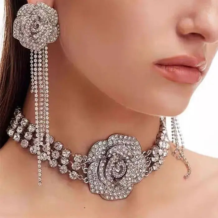 Luxury Shiny Full Exaggerate Rhinestones Flower Choker Necklace Earring Set for Women Crystal Necklace Jewelry Accessories
