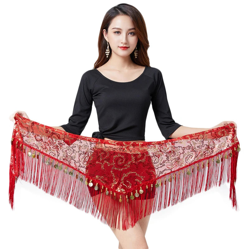 Wholesale  Shiny Mesh Sequin Triangle Warp Hip Waist Scarves Belt Belly Chain With Tassel for Women Belly Dance  Performance