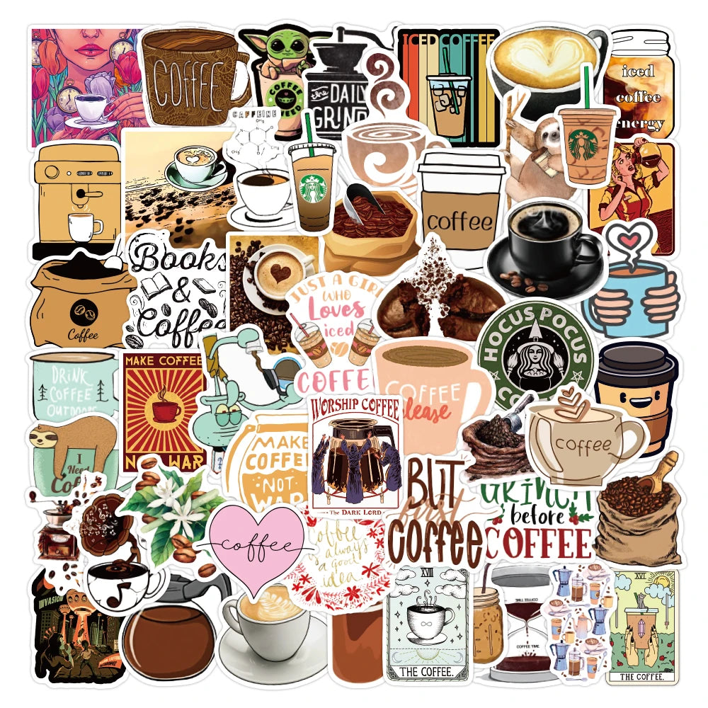 50pcs Hot Coffee Series Design Graffiti Stickers Packs for Car Motorcycle Suitcase Guitar Notebook Wholesale
