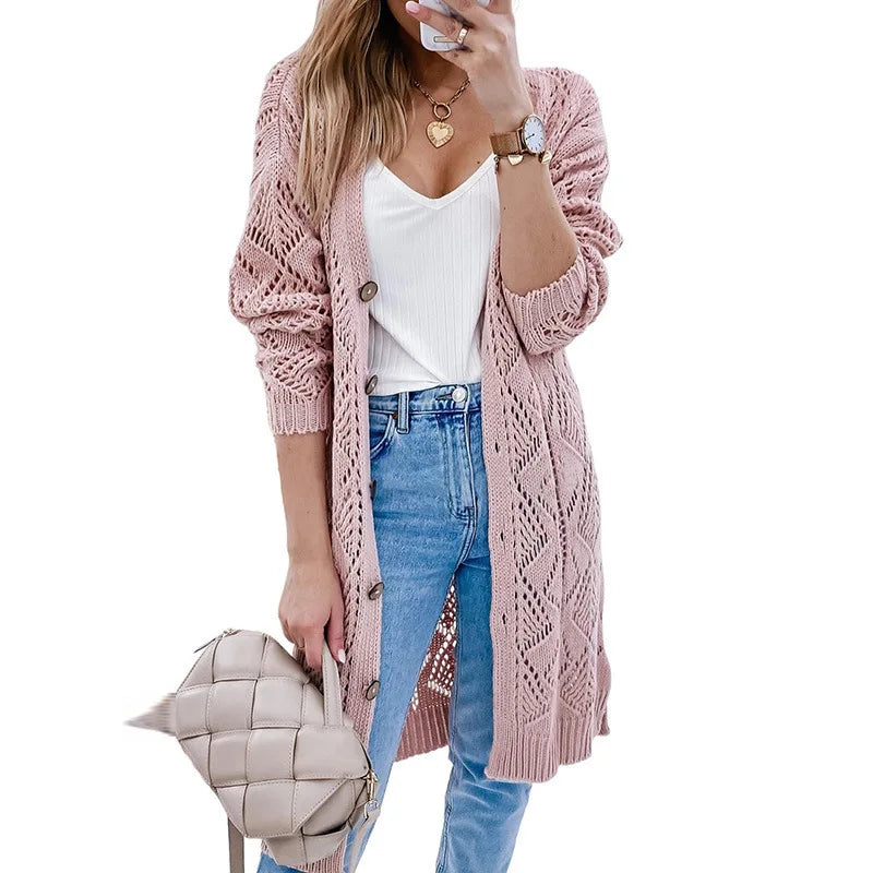 Women's Long Openwork Knitted Cardigan Sweater Customizable Private Label Casual Style for Autumn and Winter