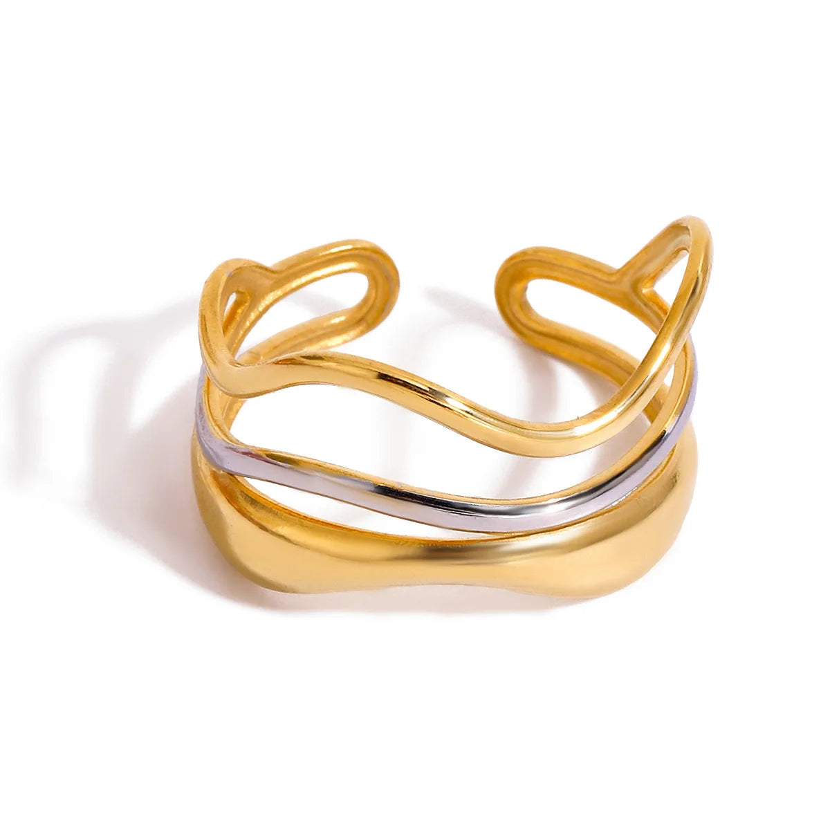 X100 Wholesale 18K Gold Plated Stainless Steel Stackable Wavy Open Ring Hollow Gold and Silver Two Tone Fashion Ring Jewelry