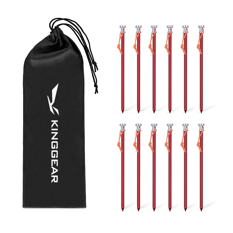 KingGear 12 Pcs Lightweight Tent Pegs 23cm Rope Aluminum Customizable Color Logo Outdoor Camping Accessories Model KG4003 OEM