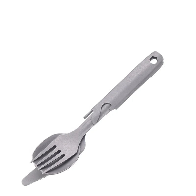 Compact 4-in-1 Titanium Utensil Set for Camping Including Spoon Knife Fork Bottle Can Opener Combo for Dinner