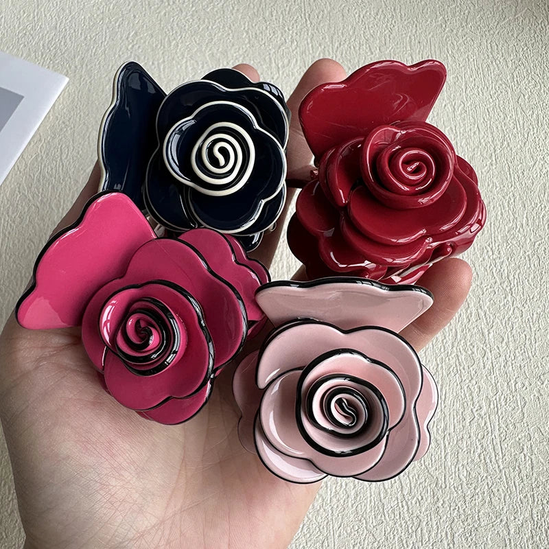 Premium Women's Small Camellia Hair Claw Medium Tall Ponytail Hair Clip Accessory Acetic Acid Flower Back Head Accessory