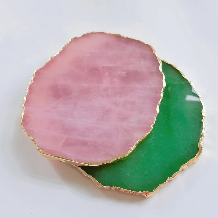 Hongzhuo Natural Crystal Tea Coasters Handmade Agate Stone Coasters With Gold Slice Crafts