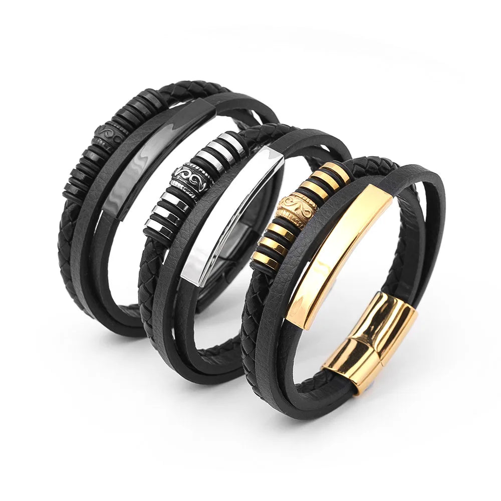 Fashion Multi-layer Add Custom Logo Stainless Steel Bracelet Black Leather Woven Bracelet for Men