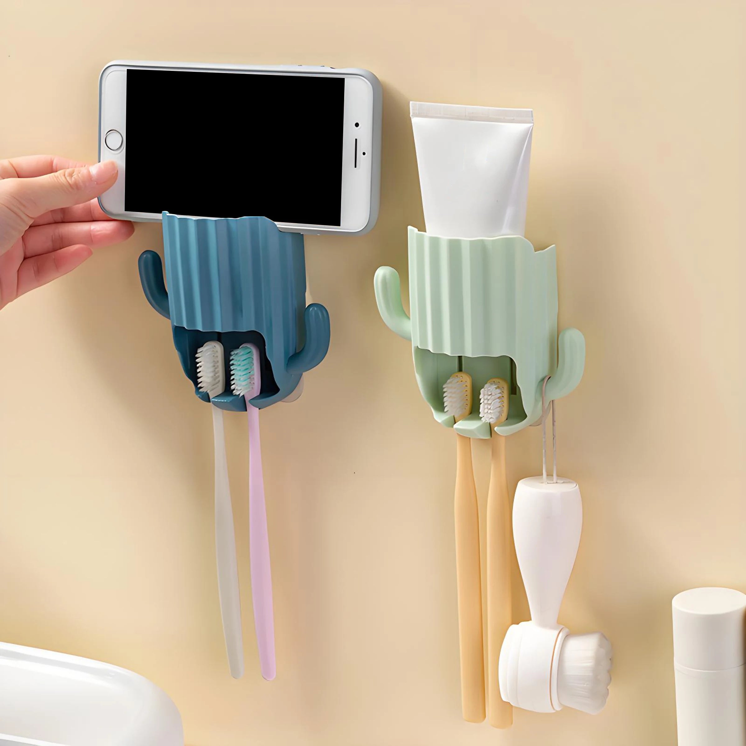Cactus Single-Tier Toothbrush Holder Multi-Functional PP Plastic Rack with Adhesive Tape Storage for Bathroom Sets