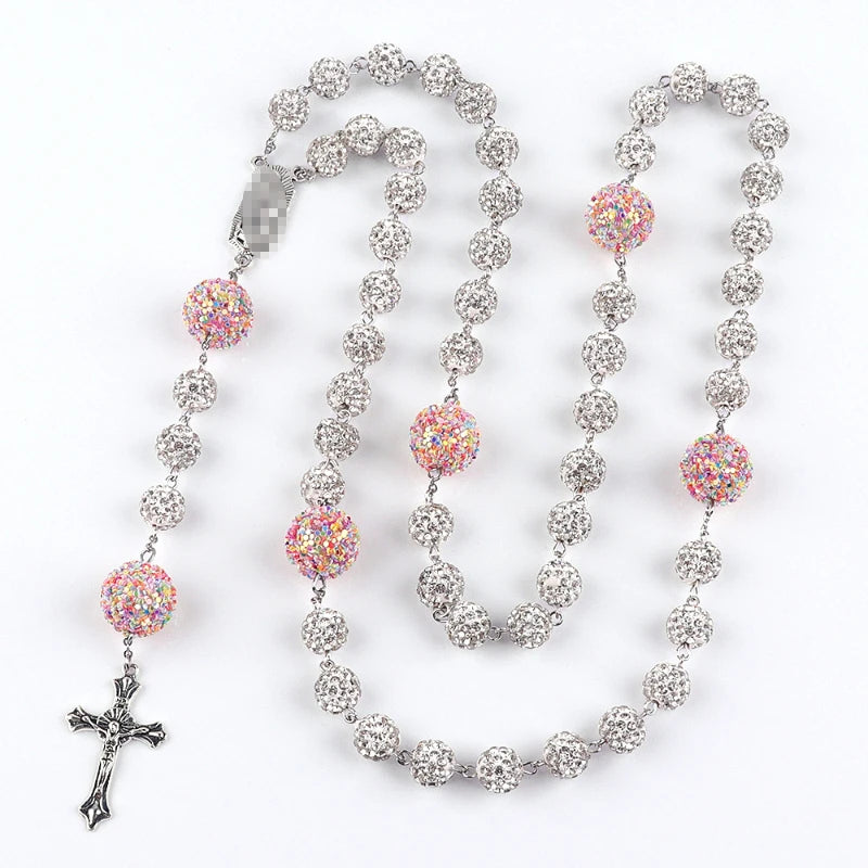 G3876 10mm Rhinestones Beads Pave Disco Ball Clay Bead Necklace Shinny Polymer Clay Catholic Cross Rosary Necklace Diamond Balls