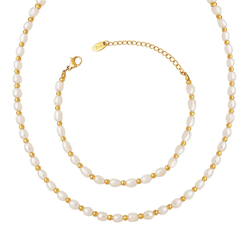 Wholesale Custom 18K Gold Plated Stainless Steel Jewelry Set Beaded Freshwater Pearl Bracelet Necklace Trendy for Weddings