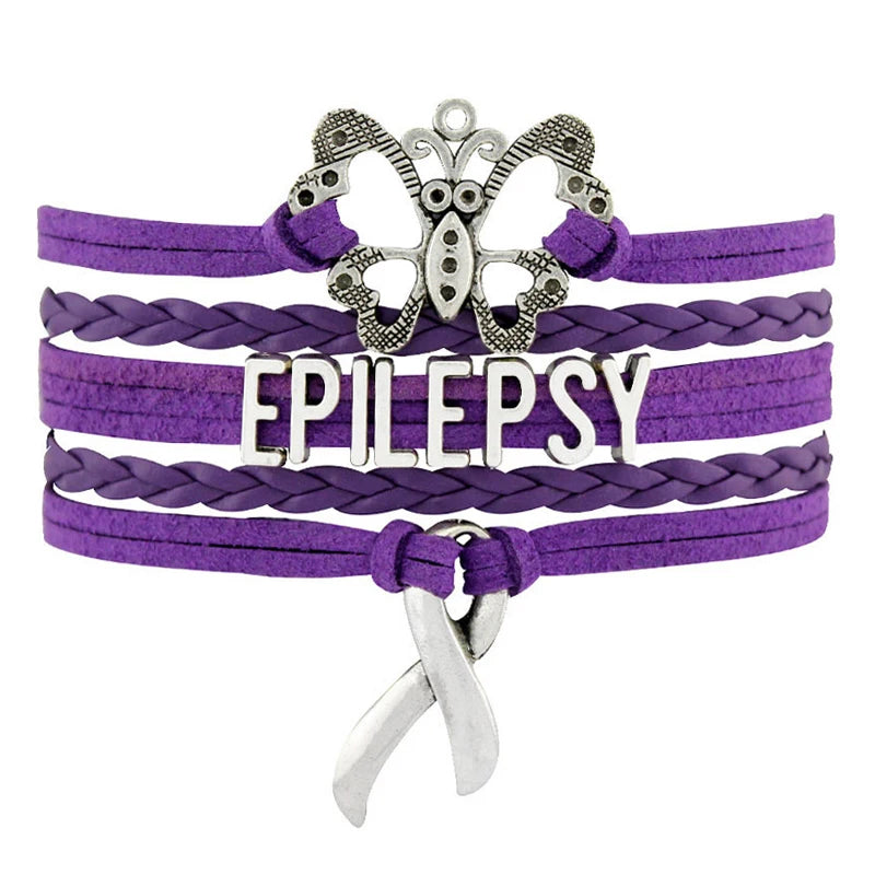 Be Brave Cure Epilepsy Awareness Fighter Survivor Love Faith Believe Hope Epilepsy Mom Purple Ribbon Leather Bracelet