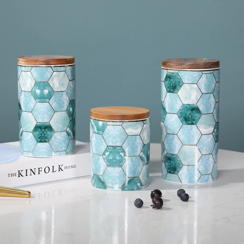 Wholesale Custom logo Luxury Kitchen Food Storage Jar Ceramic Coffee Tea Canister Kitchen Canister Sets  with Wooden Lid