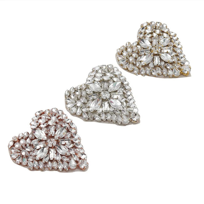 Handmade 2025 Heart Shape Crystal Rhinestone Applique Iron-On Style for Wedding Dress & Decorative Clothing Patches