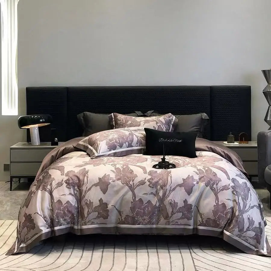 High Quality Purple Digital Printing 4pcs Home Hotel Textiles Lyocell Cotton Bedsheets Designer Bedding Set Supplier MegaBDM