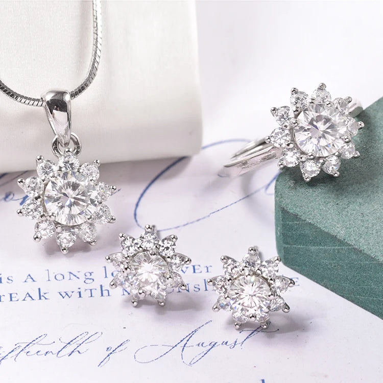 Roomy Cute Accessories Sterling Silver 925 Jewellery Women 18K Gold Plated Ring Earrings Necklace Moissanite Jewelry Set