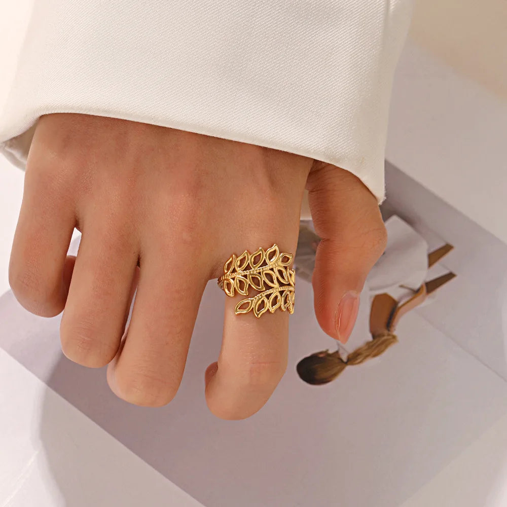 Nabest Tarnish Free Hollow Leaf Open Ring Jewelry Women Stainless Steel 18K Gold Plated Hip Hop Adjustable Rings