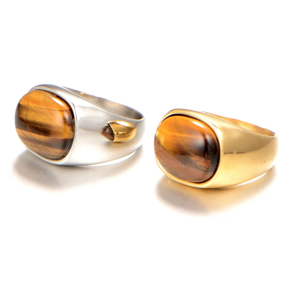Wholesale Retro Fashion Gemstone Custom Men's Jewelry Stainless Steel Rings Gemstone Class Oval tiger Eye Rings for Men
