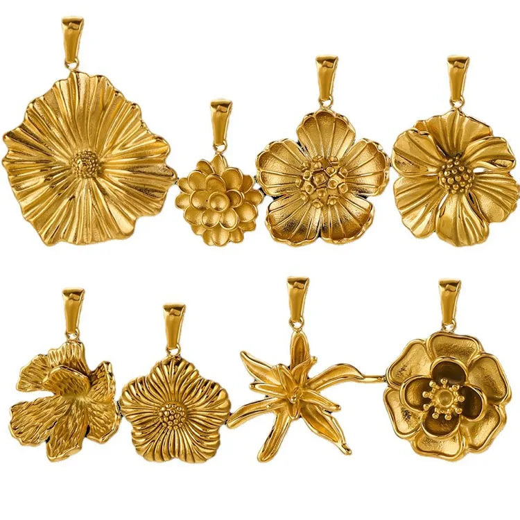 SP1050 Chunky Large Jewelry Accessories Gold Plated Stainless Steel Cherry Blossom Hibiscus Lily Flower Floral Charms Pendant