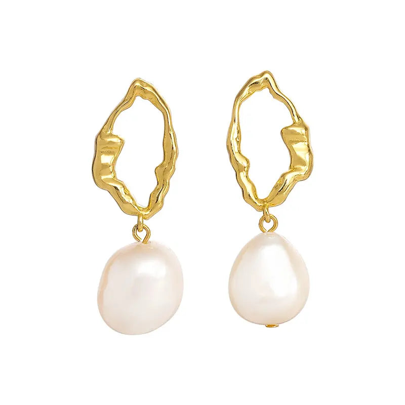 Silver 925 Real Gold Plated Irregular Fresh Water Natural  Baroque Pearl Women's  Earrings Wholesale