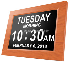 2025 New Custom Bamboo & Wooden Pattern Frame Lcd Screen Digital Calendar Led Clock 8 Inch for Dementia