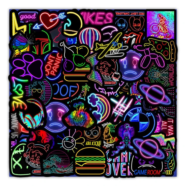 50pcs Trendy Rainbow Vinyl Custom Phone PVC Waterproof Neon Light Stickers for Kids Teens Adults