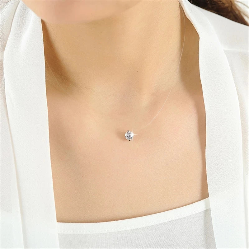 Choker Invisible Fish Line Crystal Necklace Pendants Neck Zircon Women Clavicle Chain Lady  Handmade Necklaces