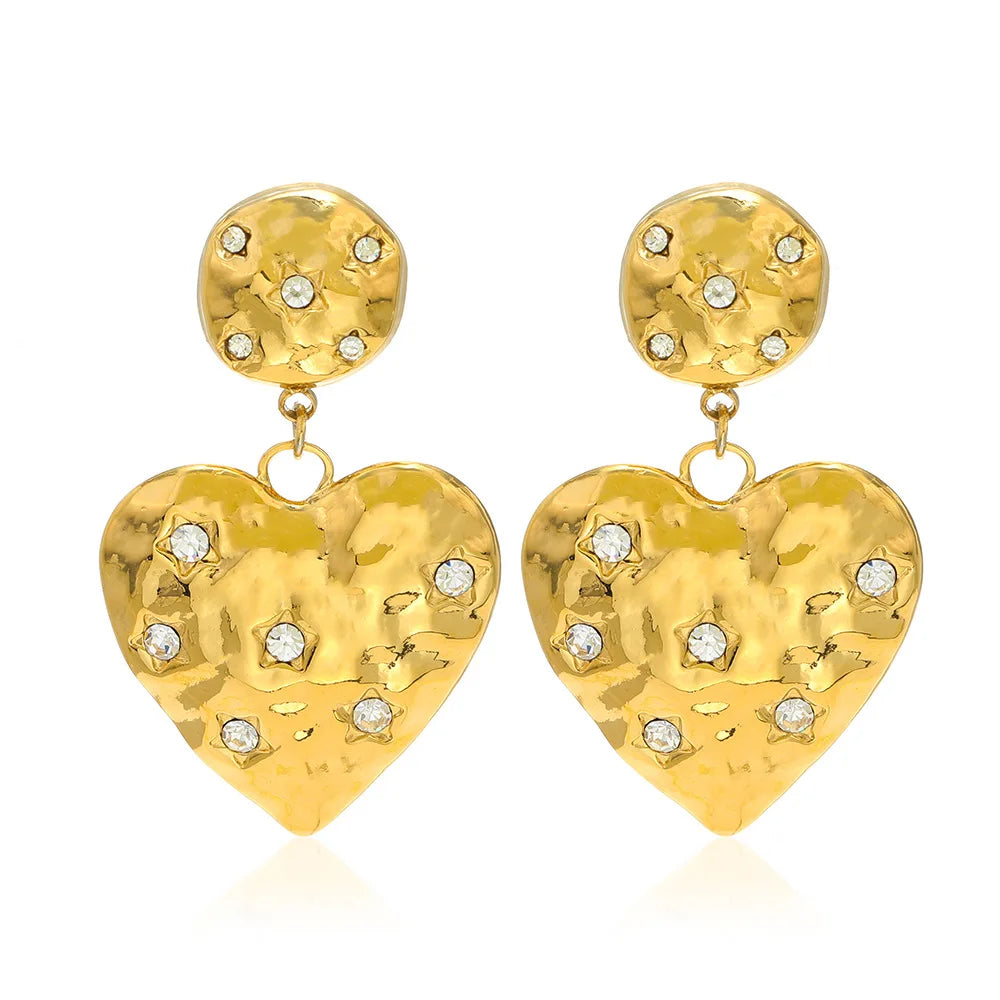 Waterproof Fashion Jewelry 18K Gold Plated Stainless Steel Star Heart White Crystal Heart Stud Earrings for Women