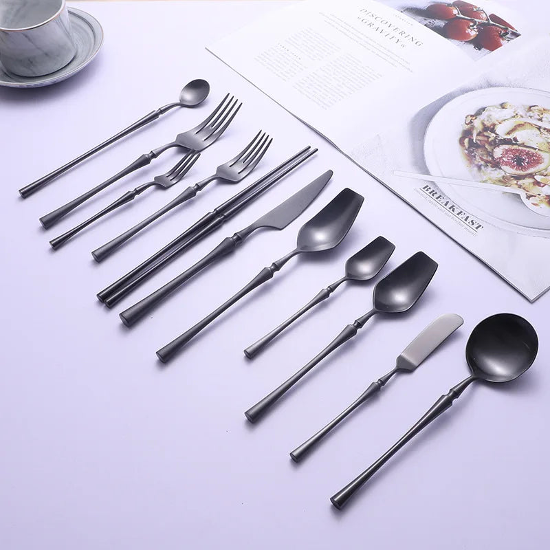 304 Matte Black Eco-Friendly Luxury Stainless Steel Cutlery Set Knife Fork Spoon Silverware Flatware for Camping Portable Custom