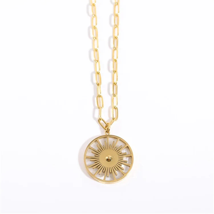 Hot Selling Stainless Steel Paperclip Link Gear Wheel Charm Necklace Round Dial Plate Gold Color Shell Pendant Necklace