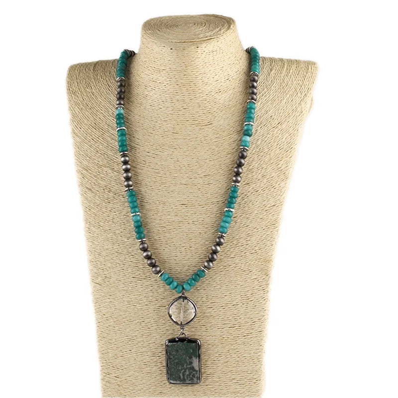 Fashion Custom Jewelry White Howlite Gemstone Navajo Pearl Beads Necklace Crystal Glass Charm Stone Rectangle Pendant Necklace