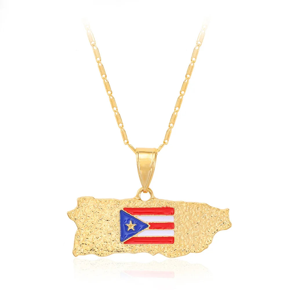 HOVANCI Popular Copper Gold Plated Country Flag Map Pendant Necklace Red Enamel Puerto Ricos Map Necklace